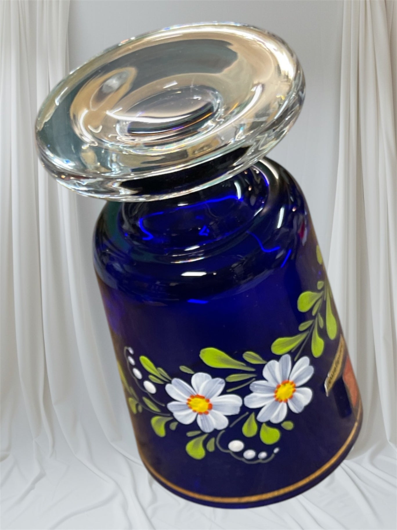 Poschinger Vase7Glas blau bemalt h 18cm/Durchmesser 8 cm