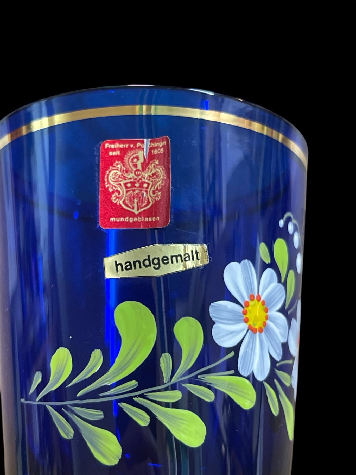 Poschinger Vase7Glas blau bemalt h 18cm/Durchmesser 8 cm