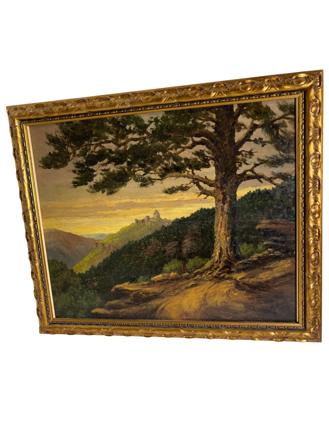 Stimmungsvolle Landschaft mit Baum & Burg – Öl auf Holz – signiert W. Müller 1944