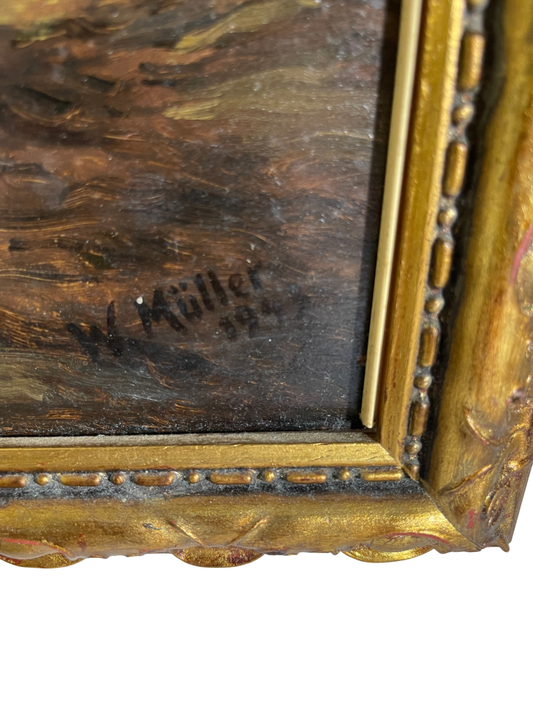 Stimmungsvolle Landschaft mit Baum & Burg – Öl auf Holz – signiert W. Müller 1944