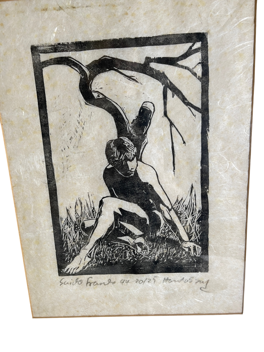 Bild: Guido Franke – Holzschnitt – Akt am Baum – 1994 – signiert – 36 × 26 cm – Auflage 20/25