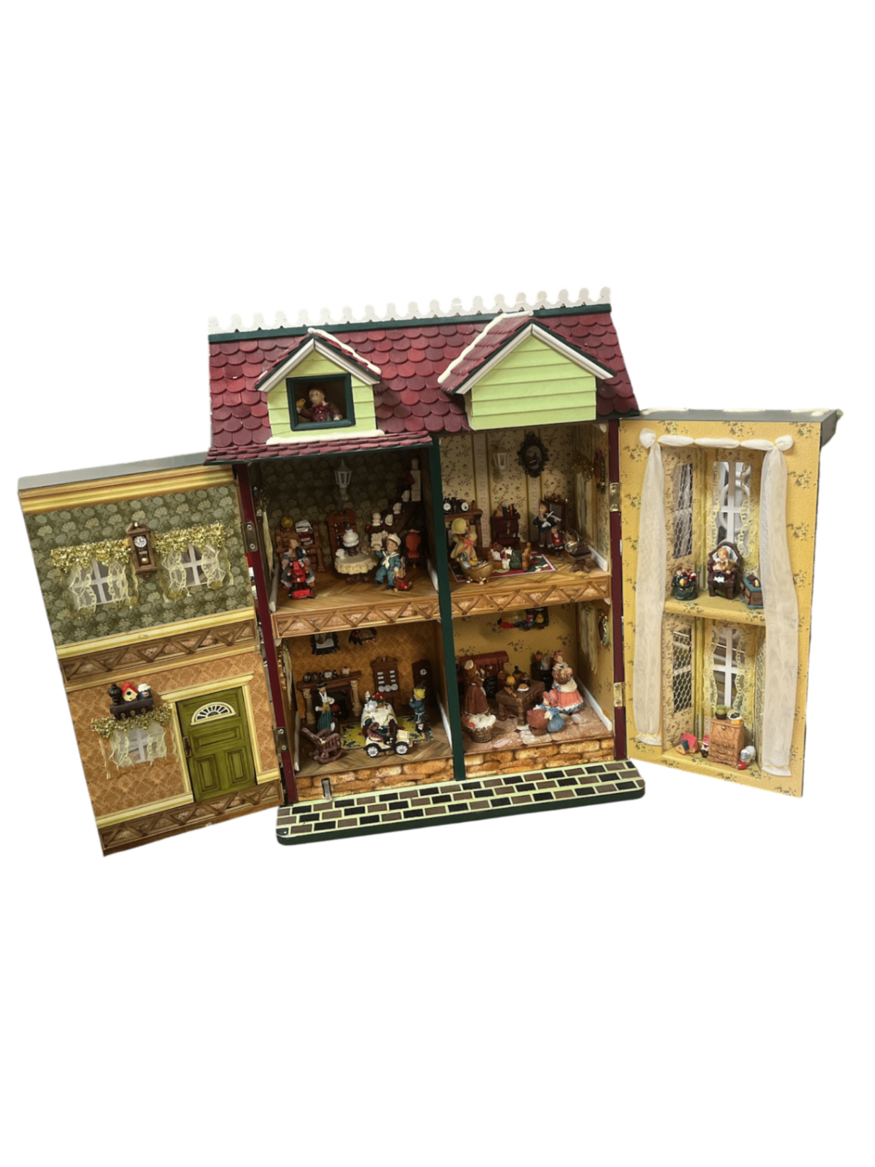 Nostalgisches Puppenhaus mit Spieluhr – drehbare Figuren, 4 Räume