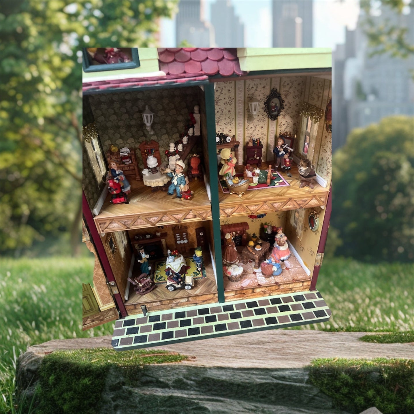 Nostalgisches Puppenhaus mit Spieluhr – drehbare Figuren, 4 Räume