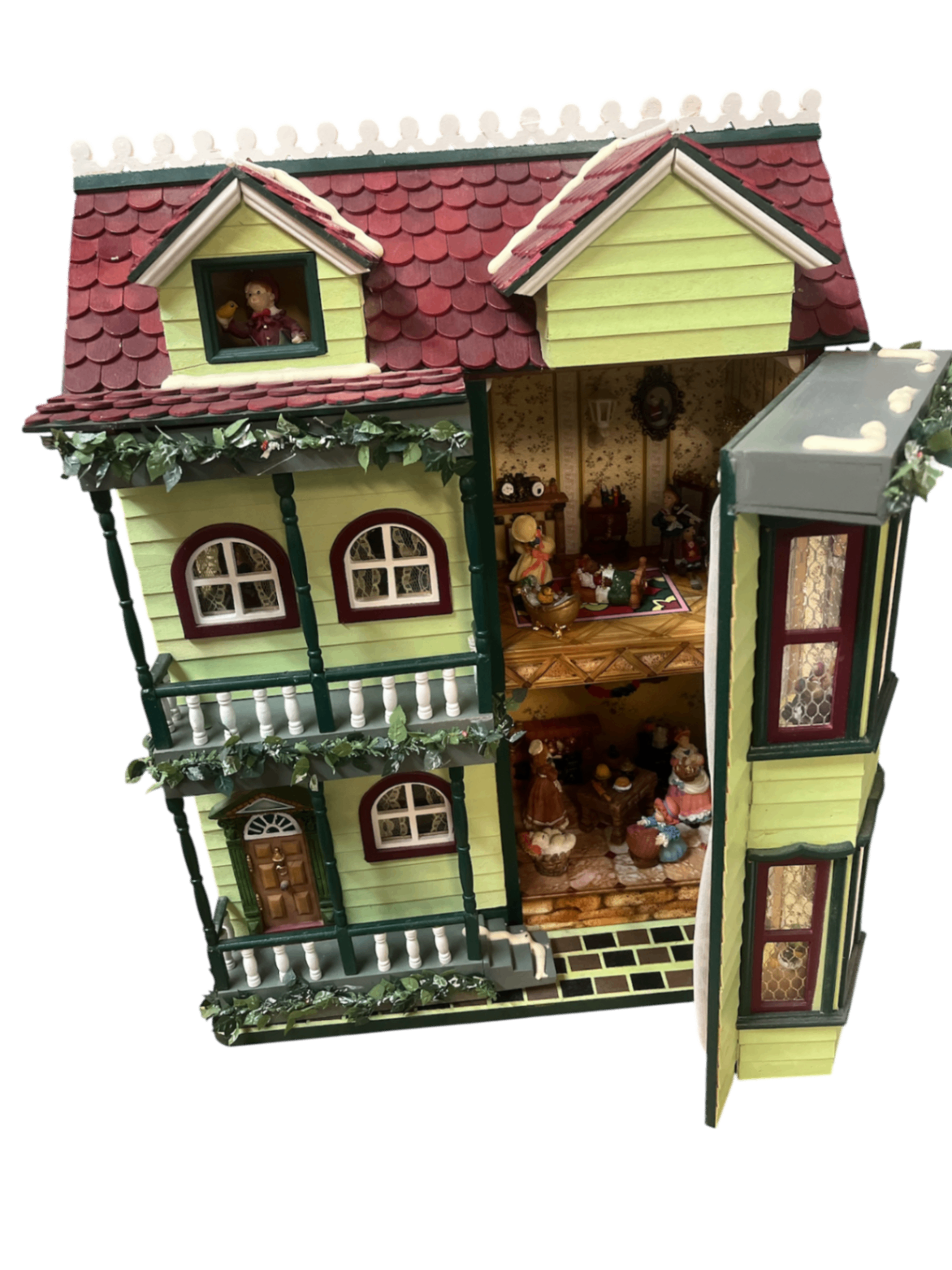 Nostalgisches Puppenhaus mit Spieluhr – drehbare Figuren, 4 Räume