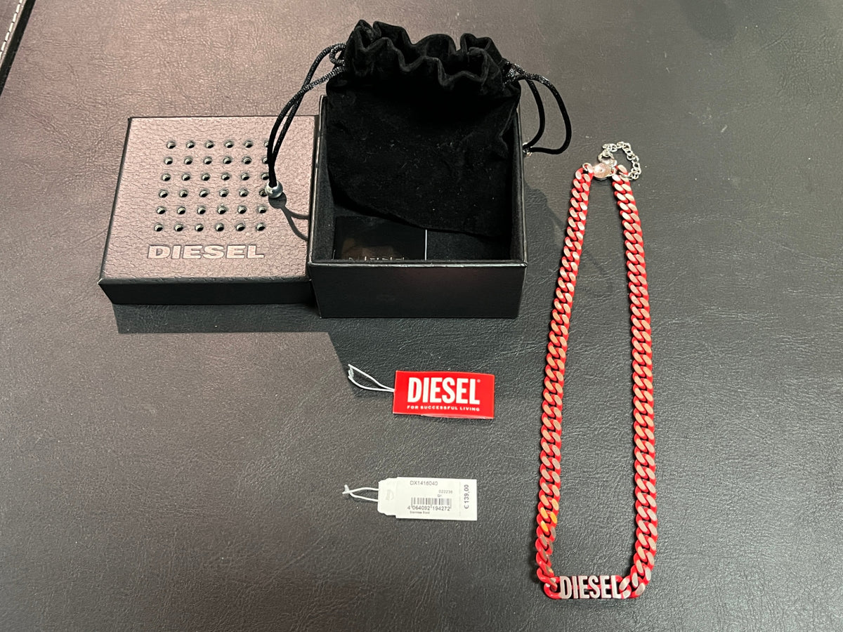 Diesel Halskette DX1319040 Edelstahl rot silber Panzerkette Logo OVP