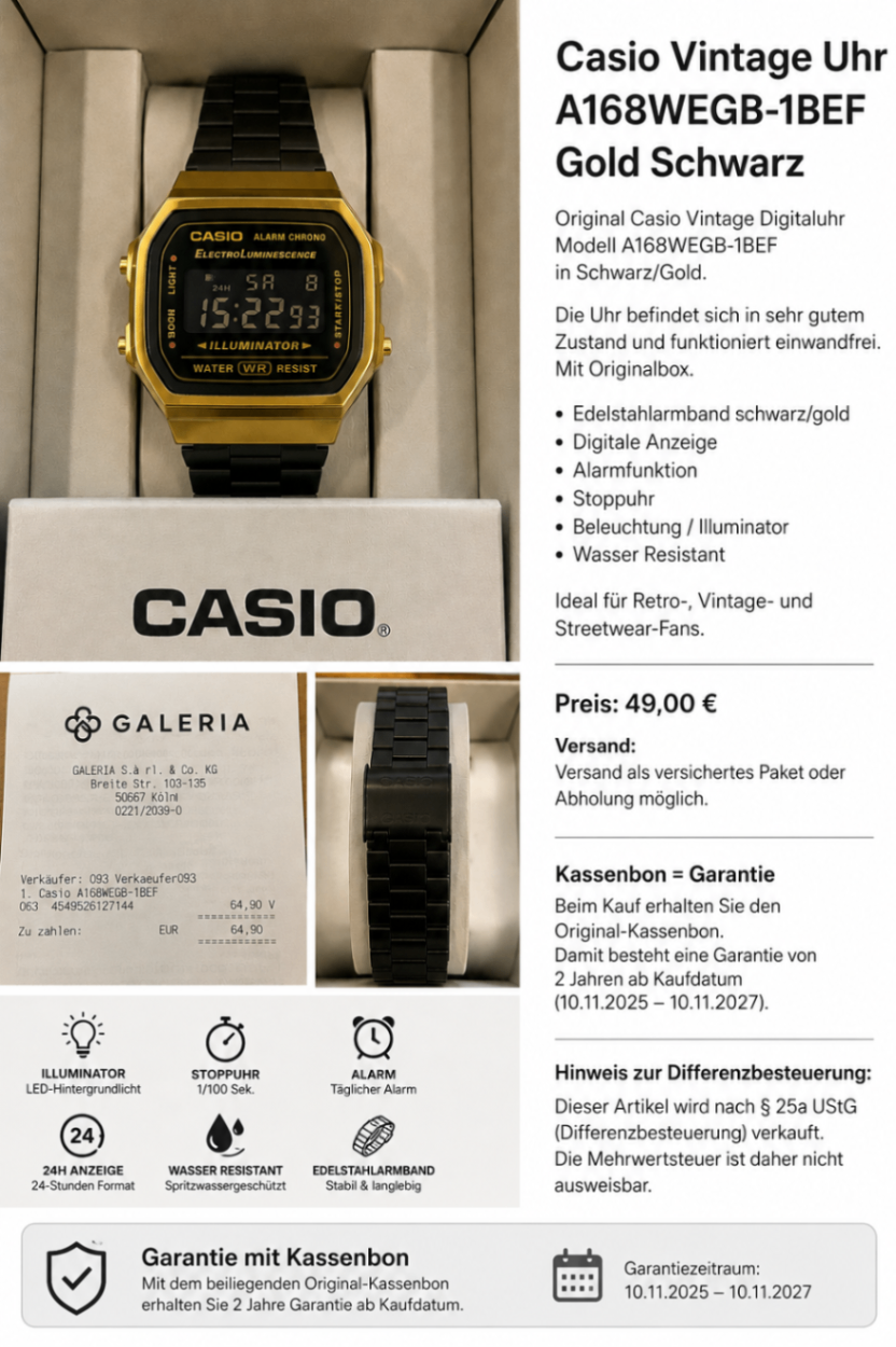 Casio A168WEGB-1BEF Casio Vintage A168WEGB-1BEF Gold Schwarz mit Box & Garantie bis 2027
