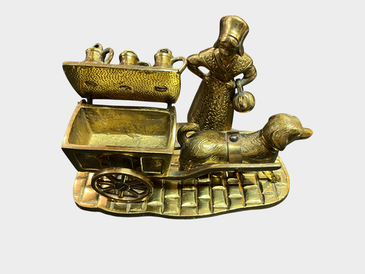 Messing Figur Hund mit Wagen Miniatur Dose Deckeldose Vintage