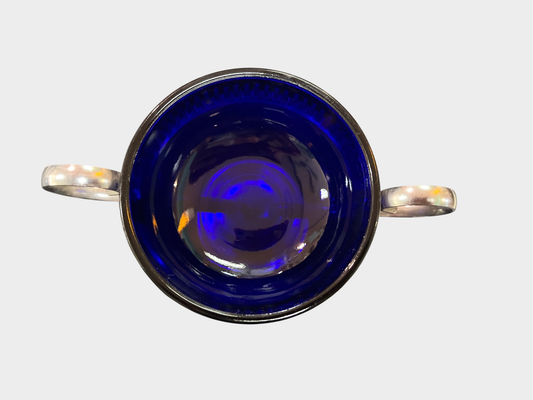 Art Deco Glasschale blau mit Metallhalterung