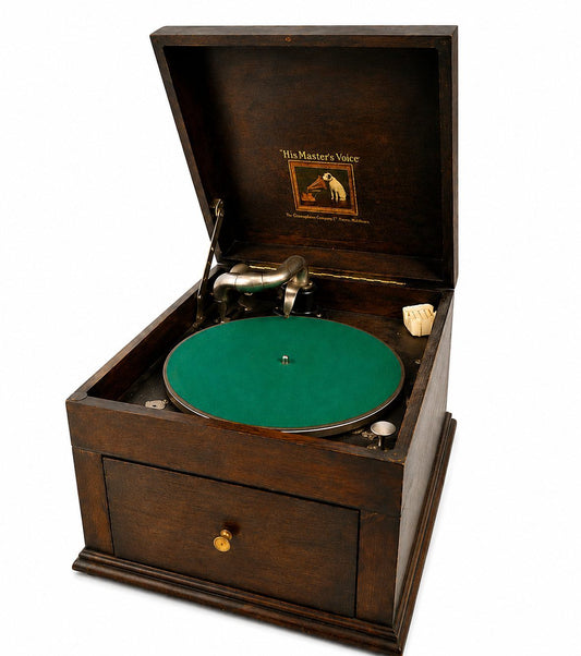 His Master's Voice Grammophon Tischgrammophon Holzgehäuse Federwerk Vintage