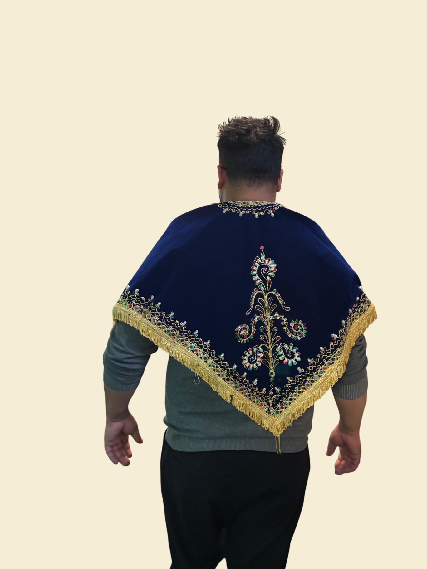 Bestickter Umhang Poncho Fransen Blau Zierstickerei