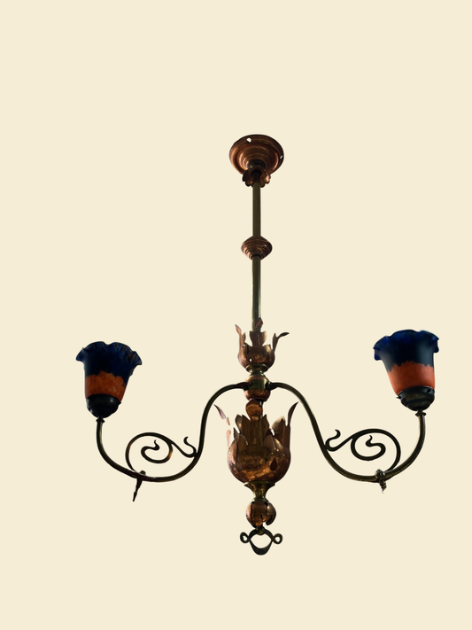 Jugendstil Deckenlampe Kupfer Messing 3-flammig Farbglas Hängeleuchte