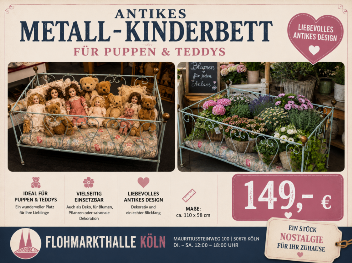 Antikes Metall-Kinderbett 110 × 58 cm – ideal für Puppen & Teddybären