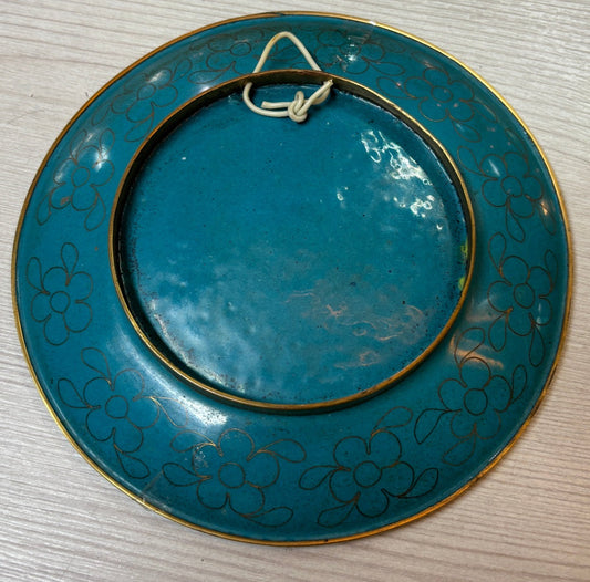 Wandteller Cloisonné Stil Blütenzweig türkis Vintage