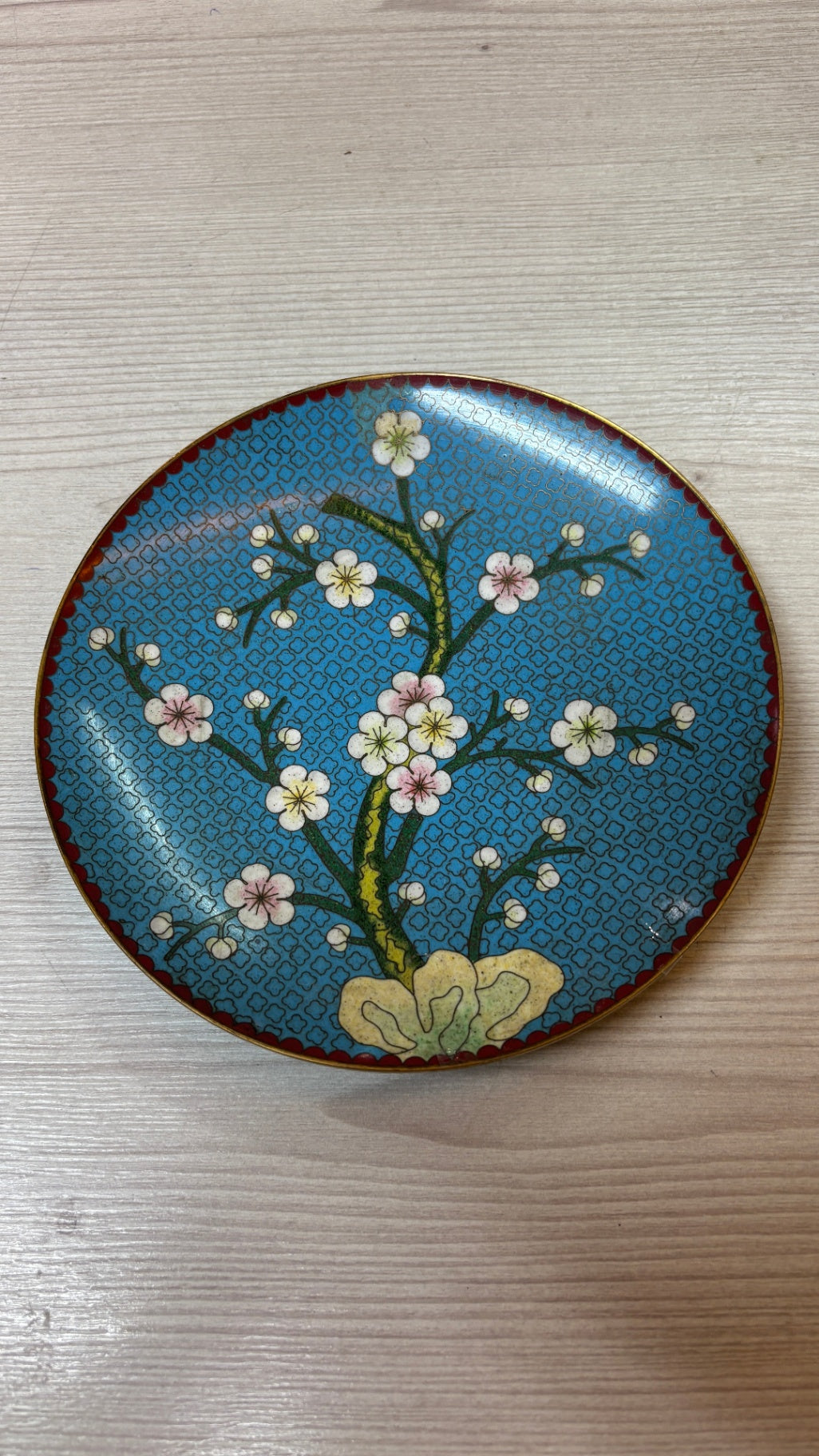 Wandteller Cloisonné Stil Blütenzweig türkis Vintage