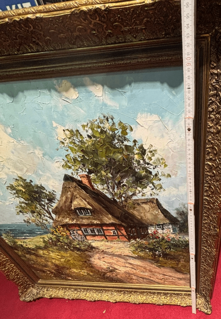 Gemälde „Kate am See“ mit Reetdachhaus, signiert, im goldfarbenen Rahmen