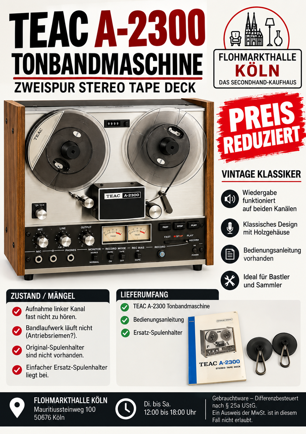 TEAC A-2300 Tonbandmaschine Vintage defekt Bastlergerät