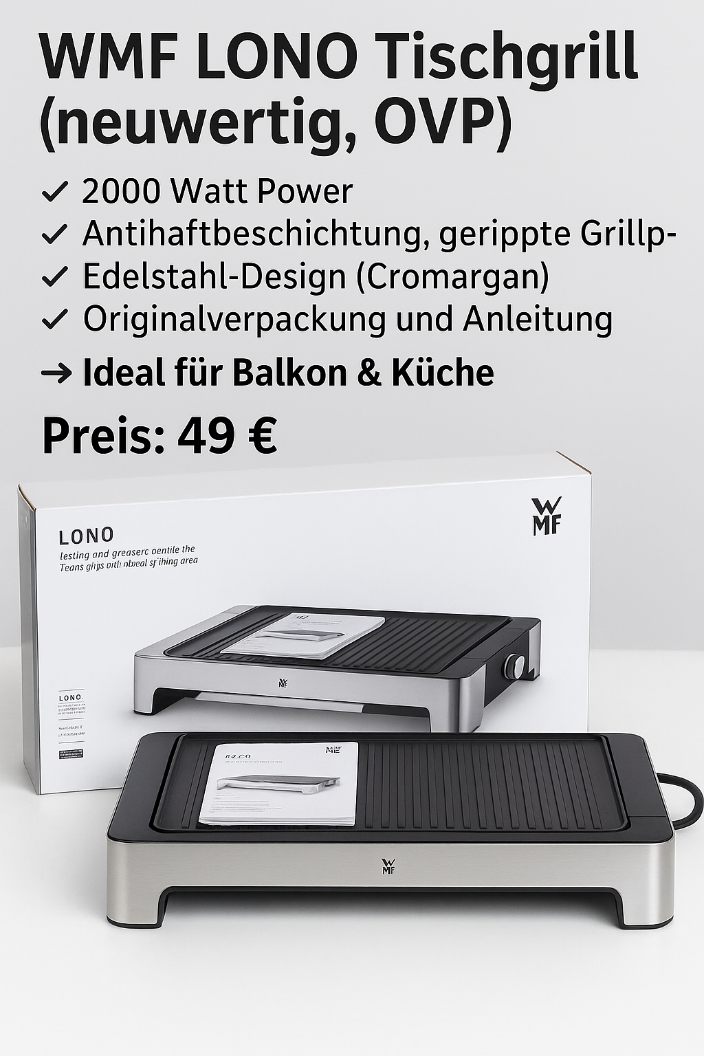 WMF LONO Tischgrill Elektrogrill – gerippte Grillfläche, 2000W, OVP, neuwertig