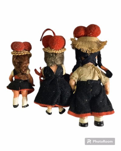 3x Schwarzwald Bollenhut Trachtenpuppen – 9,5 / 11 / 13,5 cm – Vintage – Konvolu