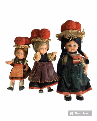 3x Schwarzwald Bollenhut Trachtenpuppen – 9,5 / 11 / 13,5 cm – Vintage – Konvolu