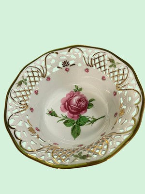 Porzellan Durchbruch Schale Schumann Blumendekor Goldrand ca 20,5 cm Ø