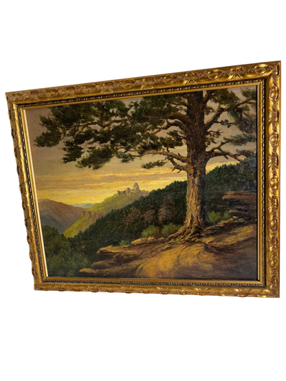 Stimmungsvolle Landschaft mit Baum & Burg – Öl auf Holz – signiert W. Müller 1944