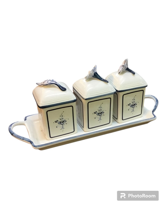 3 Dosen auf Platte /Marmelade Alt Luxemburg/Vieux Luxembourg Villeroy & Boch h 10x6x6 cm