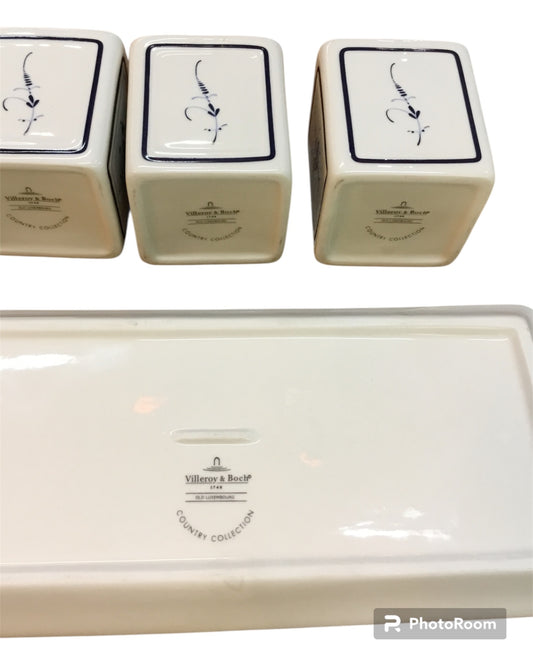 3 Dosen auf Platte /Marmelade Alt Luxemburg/Vieux Luxembourg Villeroy & Boch h 10x6x6 cm