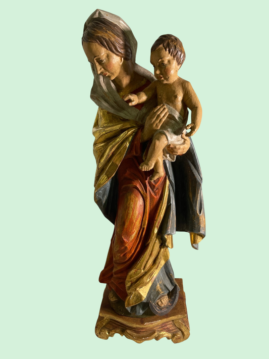 Madonna mit Kind geschnitzt Holz 60 cm farbig gefasst Blattgold Süddeutschland