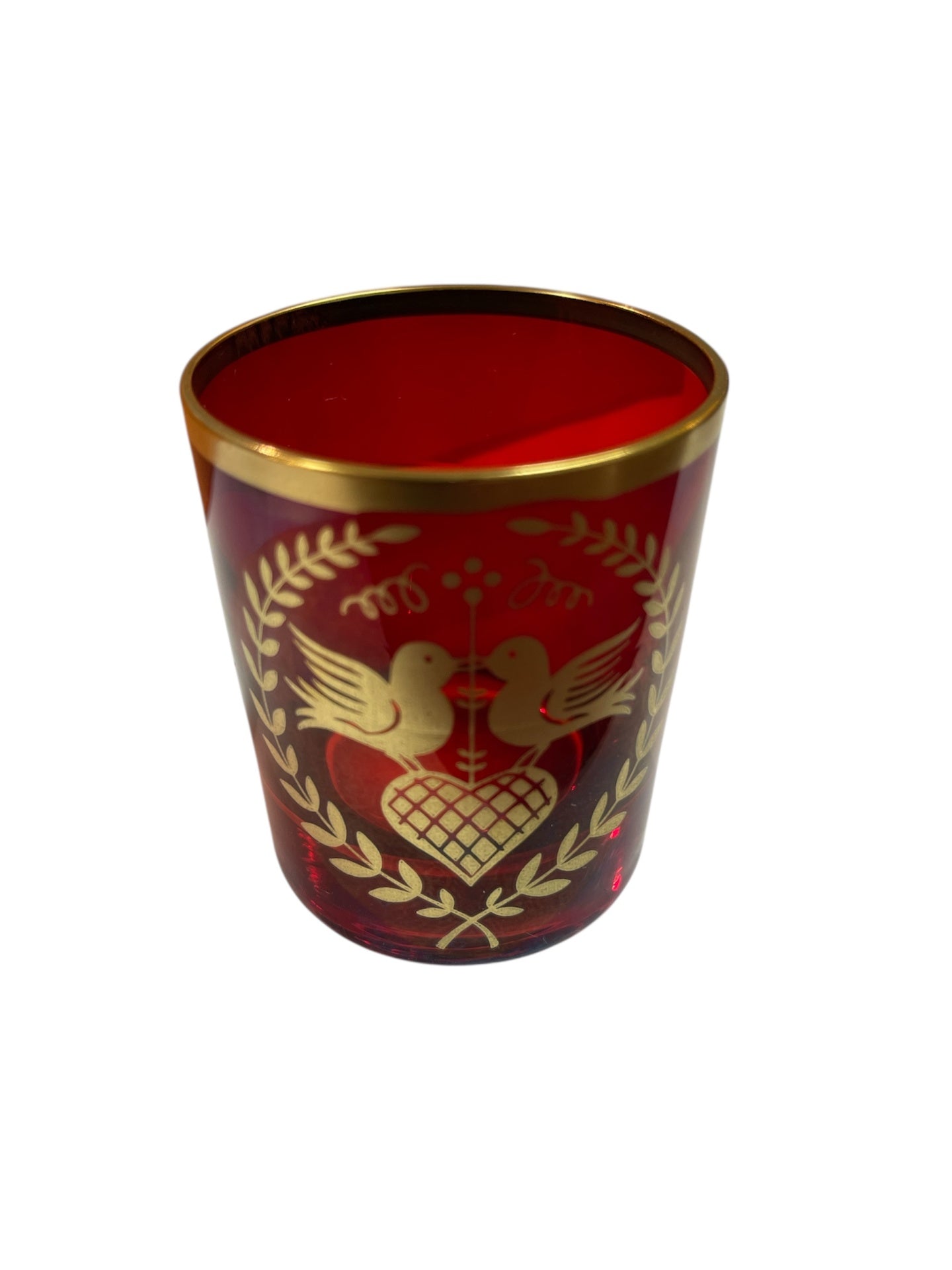 Kleines rubinrotes Glas/Teelicht mit Golddekor – Motiv mit Vögeln und Herz, Höhe