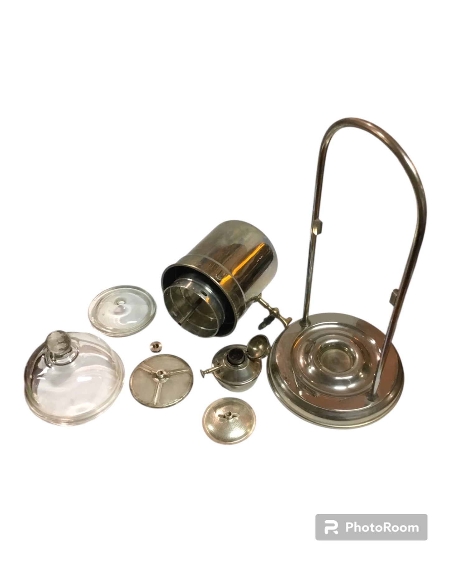 Antiker Kaffeebereiter mit Glaseinsatz, Metallgestell mit Bügel, ungetestet