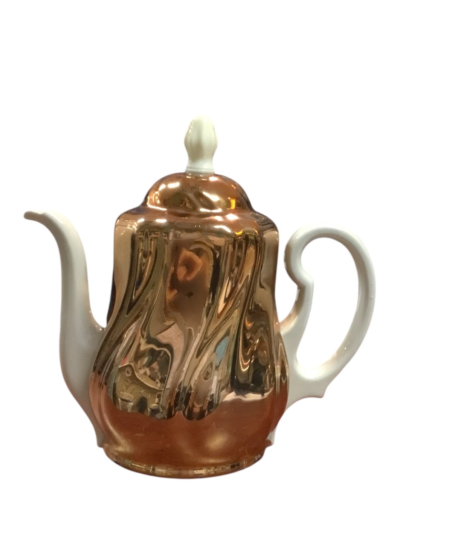Vintage Warmhaltekanne mit Haube – Porzellan, weiß mit Metallglanz