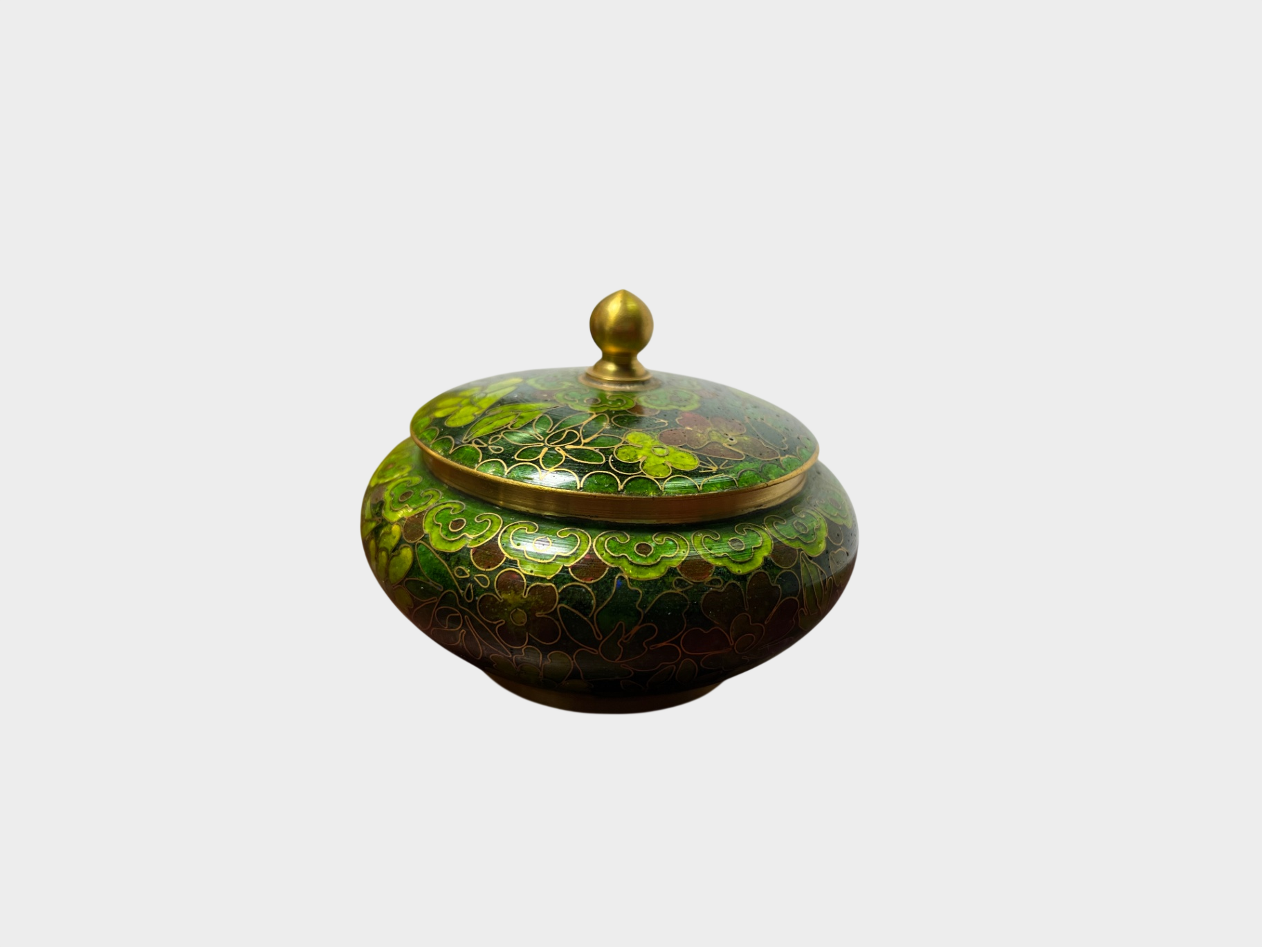 Dekorative Cloisonné-Dose aus Metall mit floralem Muster in Grün und Gold