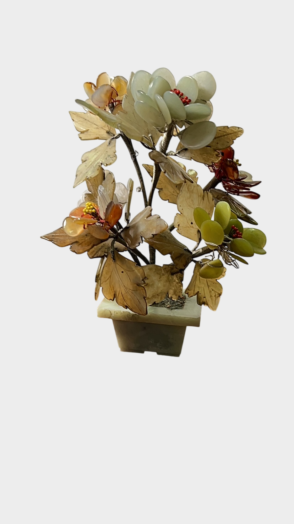 Vintage chinesischer Jade-Edelsteinbaum / Steinblumen-Bonsai – Handarbeit – Deko