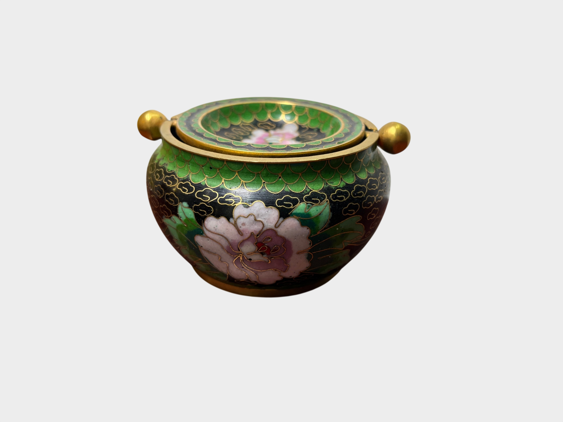 Cloisonné Aschenbecher Deckeldose – floral, grün-gold, Emaille, asiatisch