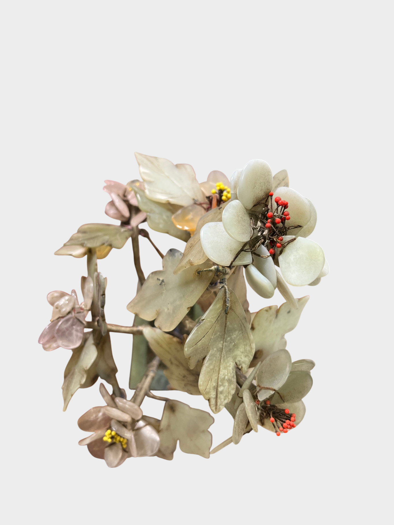 Vintage chinesischer Jade-Edelsteinbaum / Steinblumen-Bonsai – Handarbeit – Deko