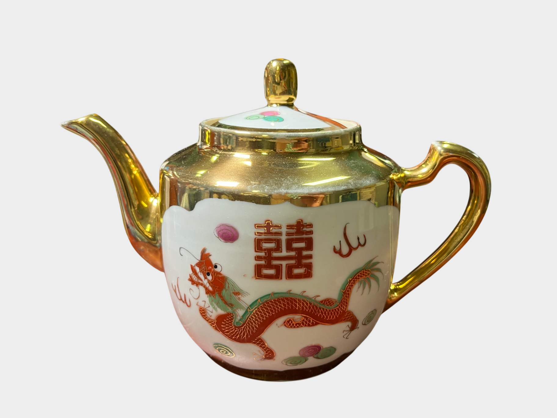 Chinesische Porzellan Teekanne mit Drachen, Phönix und Doppeltes Glück Motiv