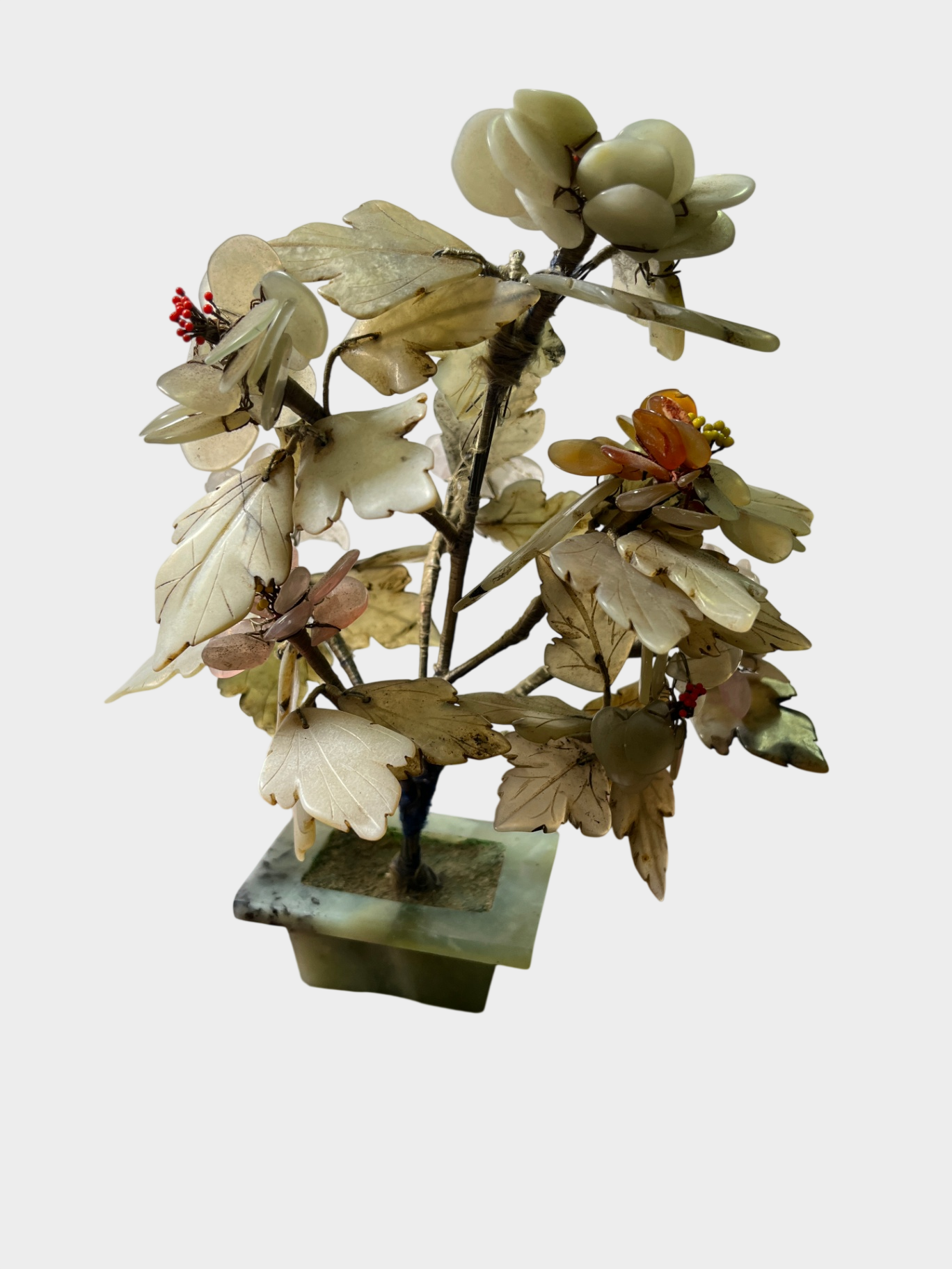 Vintage chinesischer Jade-Edelsteinbaum / Steinblumen-Bonsai – Handarbeit – Deko