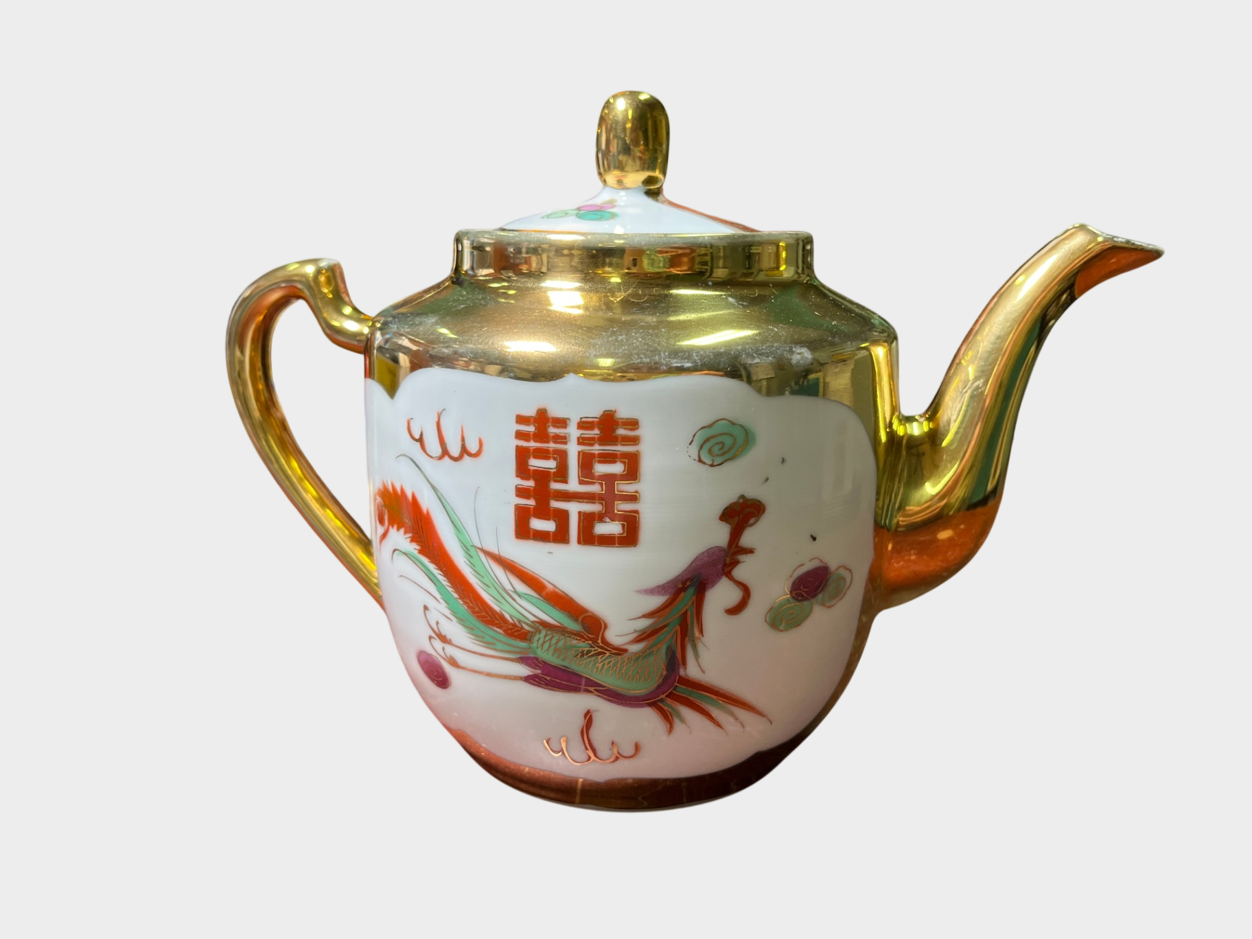 Chinesische Porzellan Teekanne mit Drachen, Phönix und Doppeltes Glück Motiv