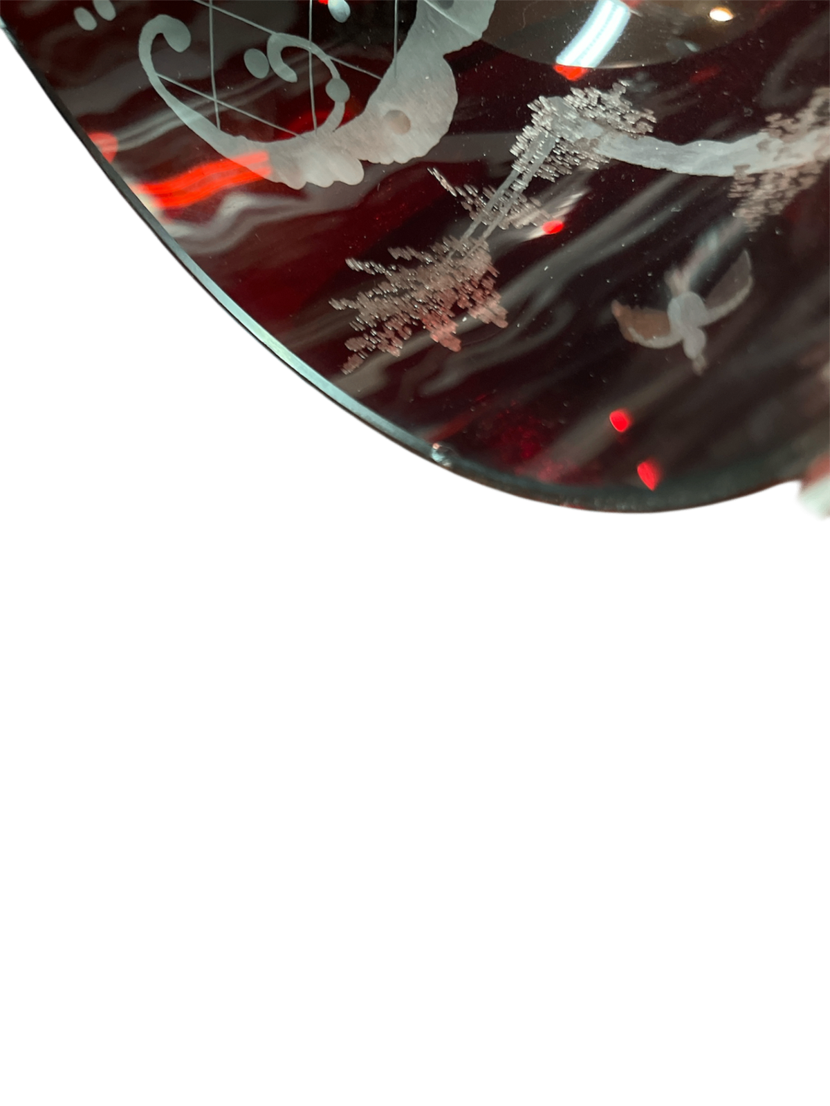 Dekorative Glasschale Rubinrot Überfangglas mit Hirsch- und Vogelmotiv