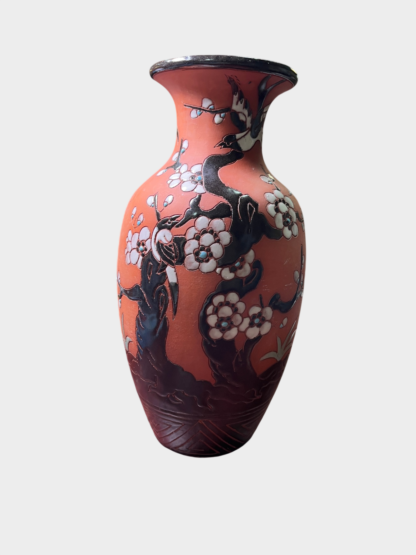 Asiatische Keramikvase 28 cm. mit Vogel- und Blütendekor, rot-orange