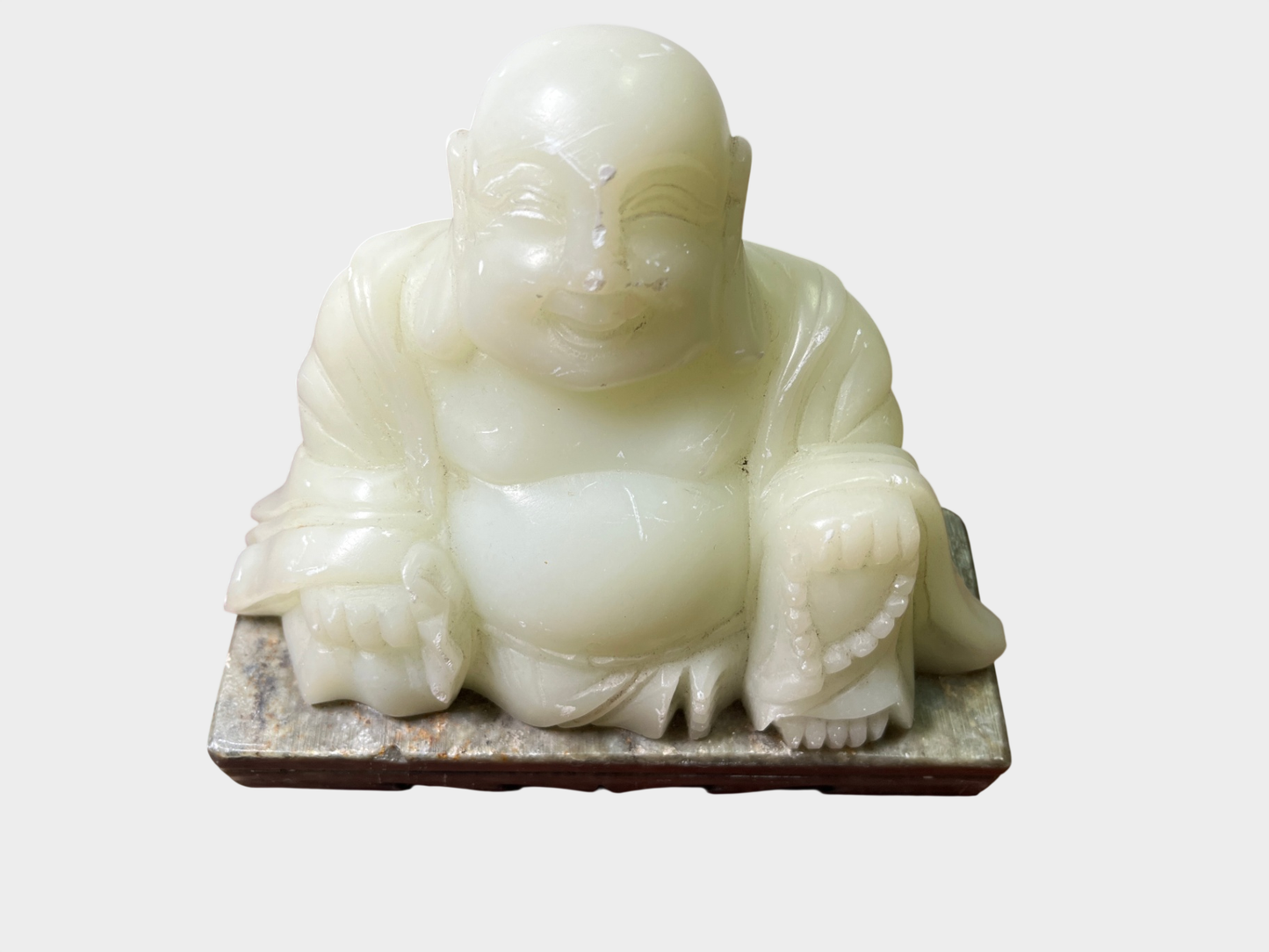 Asiatische Figur lachender Buddha vermutlich aus Jade mit Steinsockel