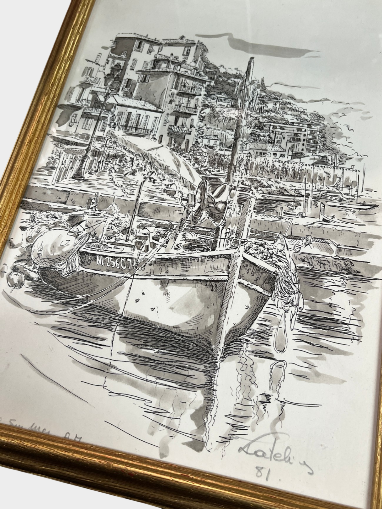 Gerahmte Zeichnung Hafenstadt Bootsszene datiert 1981 signiert1 33 x 23 cm