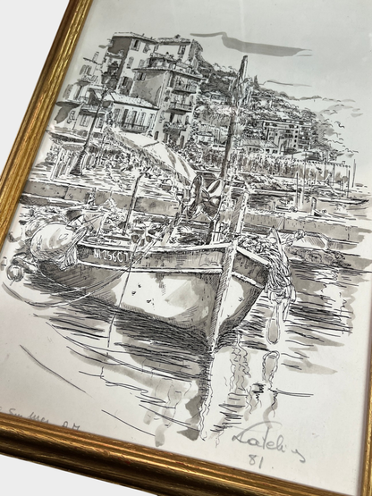 Gerahmte Zeichnung Hafenstadt Bootsszene datiert 1981 signiert1 33 x 23 cm