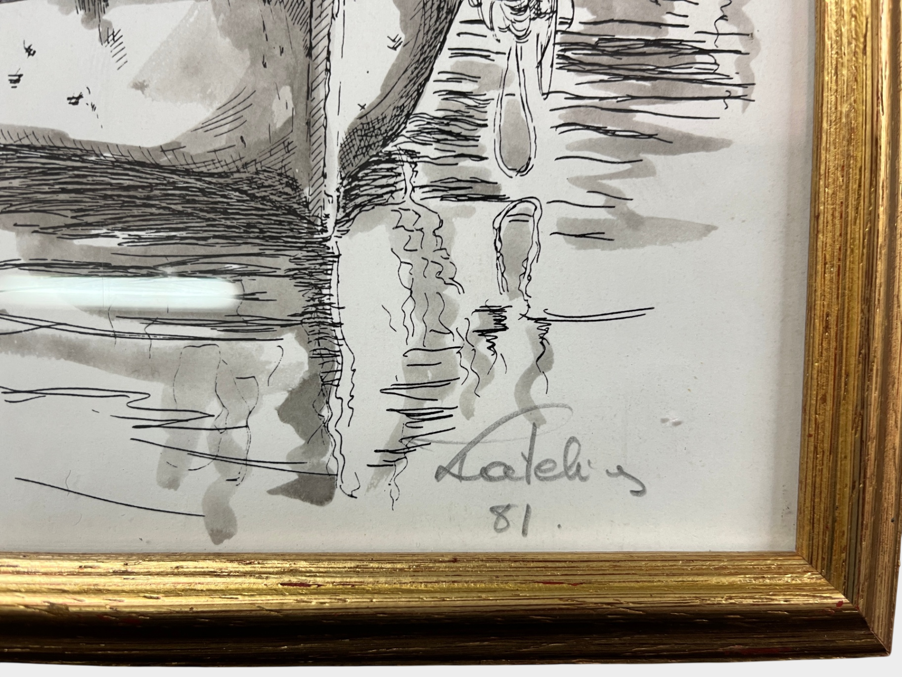 Gerahmte Zeichnung Hafenstadt Bootsszene datiert 1981 signiert1 33 x 23 cm