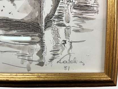 Gerahmte Zeichnung Hafenstadt Bootsszene datiert 1981 signiert1 33 x 23 cm