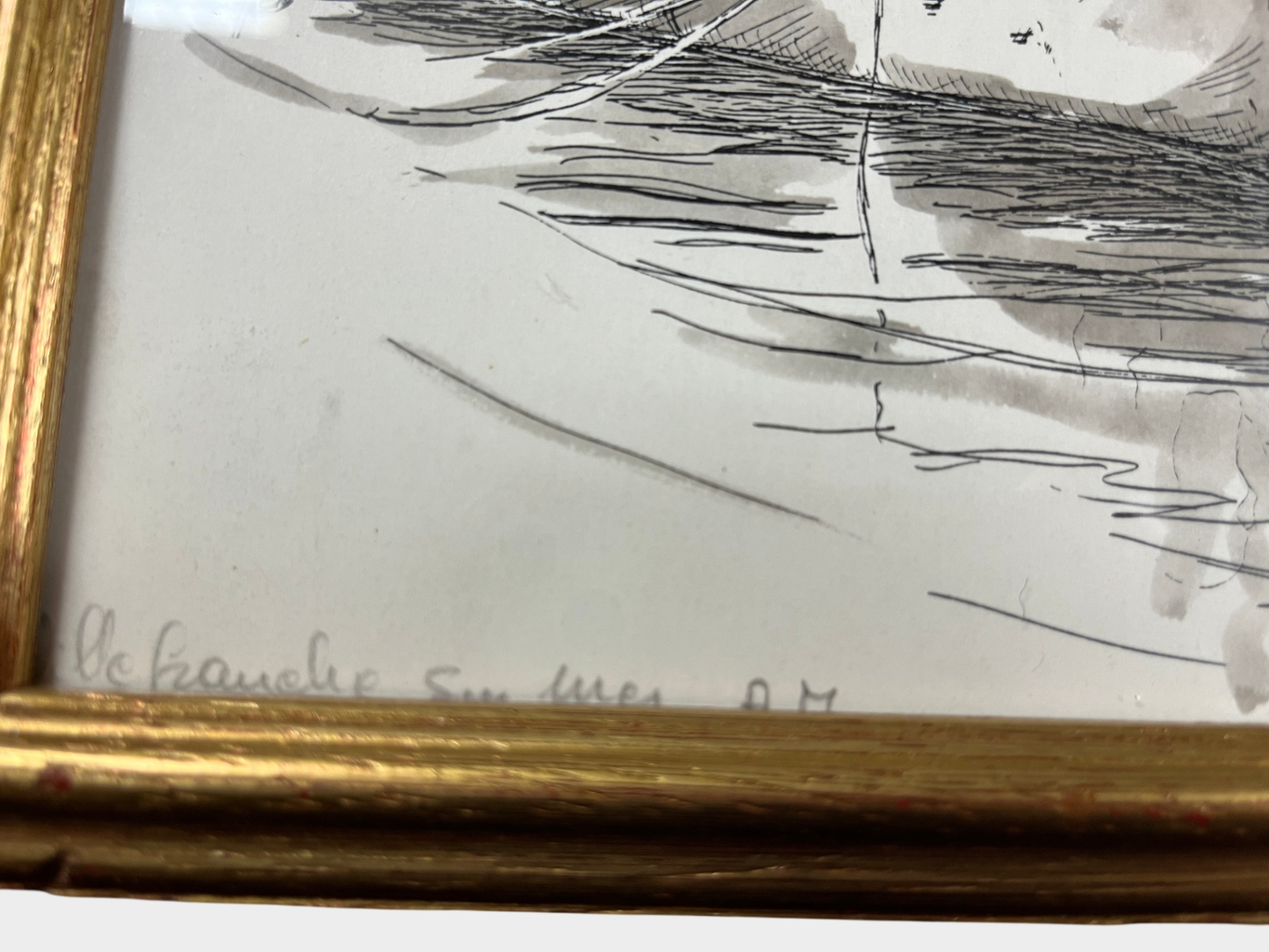 Gerahmte Zeichnung Hafenstadt Bootsszene datiert 1981 signiert1 33 x 23 cm