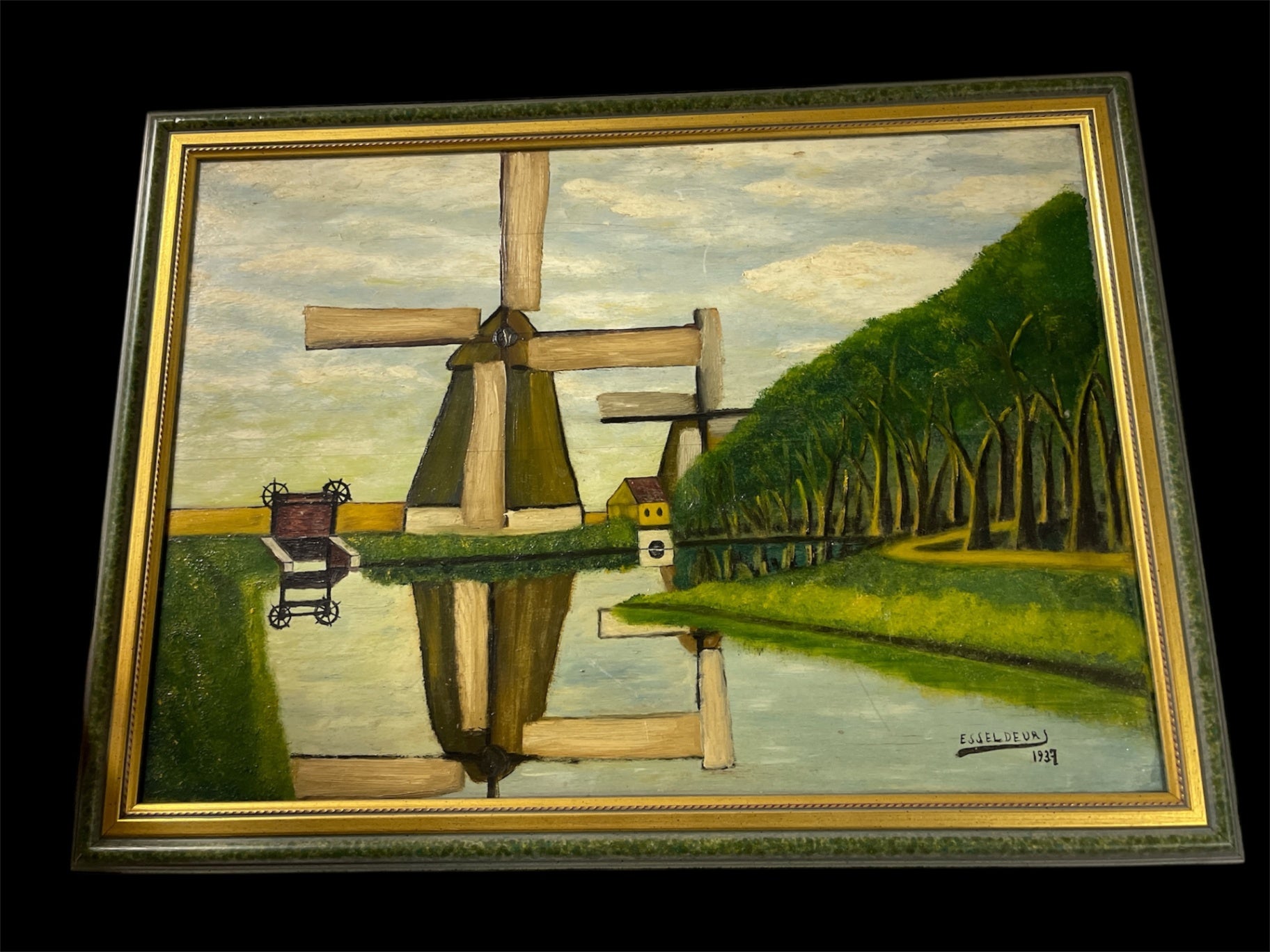 Ölgemälde von Esseldeurs, niederländische Landschaft mit Windmühlen, datiert 1937
