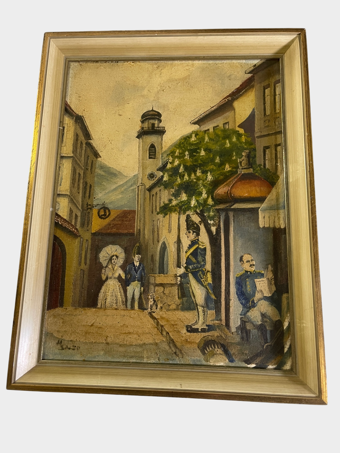 Relief Gemälde Öl auf Leinwand gerahmt historische Straßenszene 28 x 21 cm