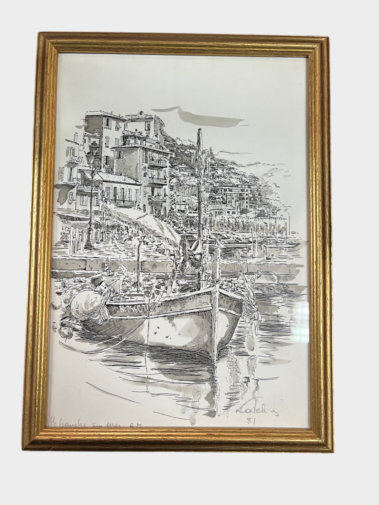 Gerahmte Zeichnung Hafenstadt Bootsszene datiert 1981 signiert1 33 x 23 cm