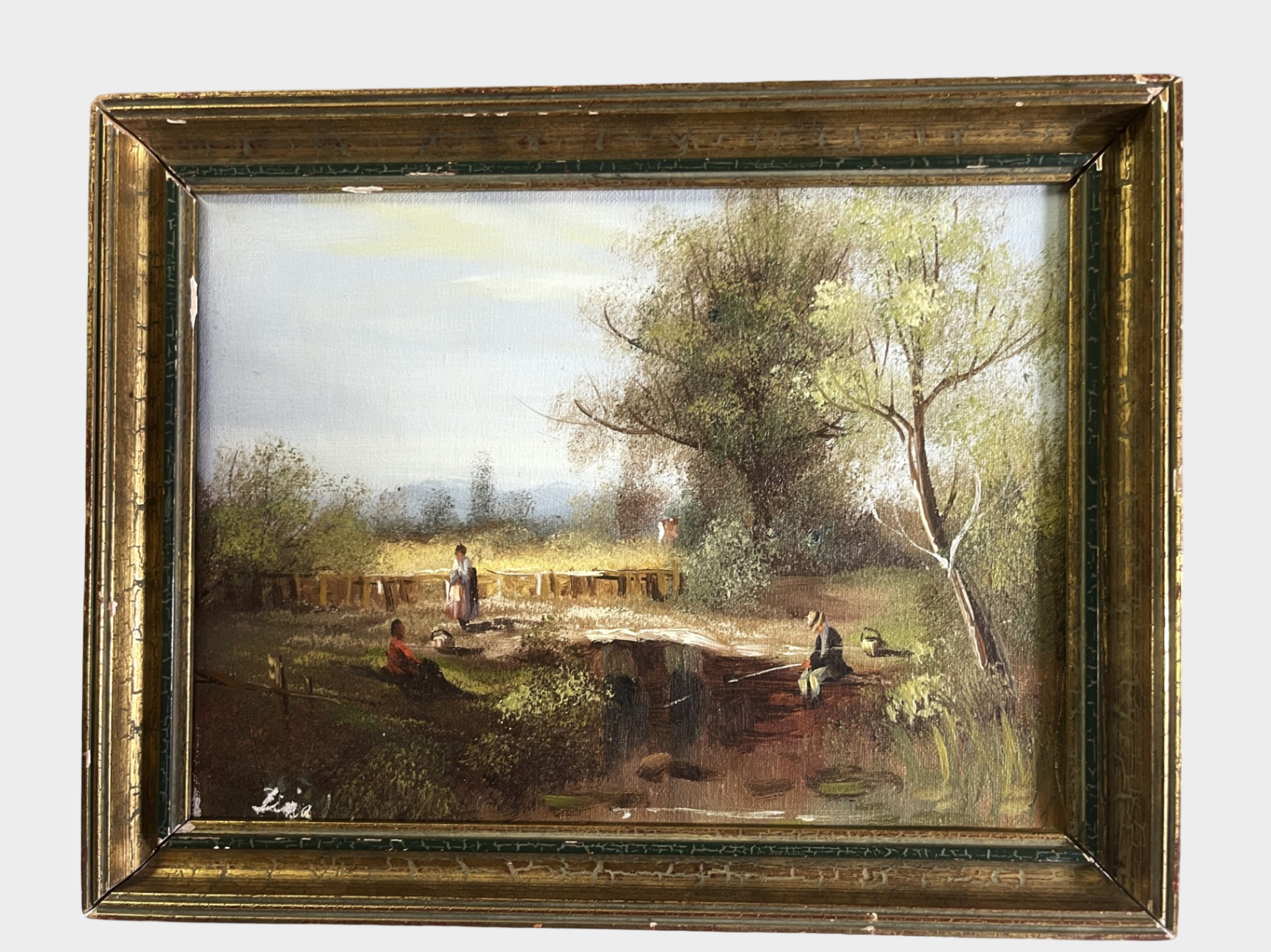 Gerahmtes Ölgemälde Flusslandschaft Angler Landschaftsszene 30 x 24 cm